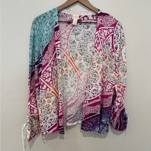 Chicos Multi-Color Paisley Medallion Open Front Cardigan Ruched Boho Size 4 XXL